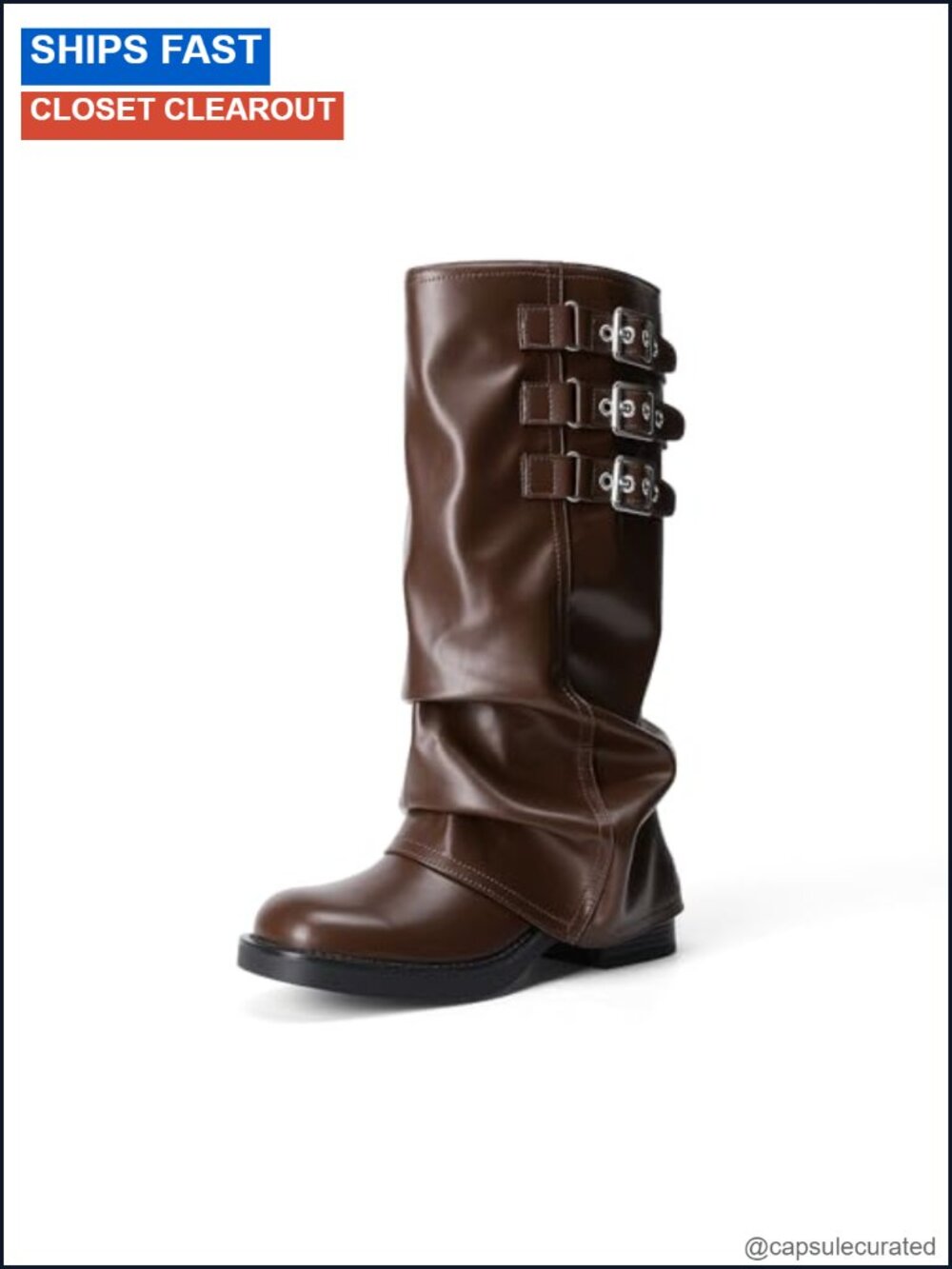 Women's Fold-Over Knee High Boots Square Toe Motorcycle Style Moto Chunky Heel